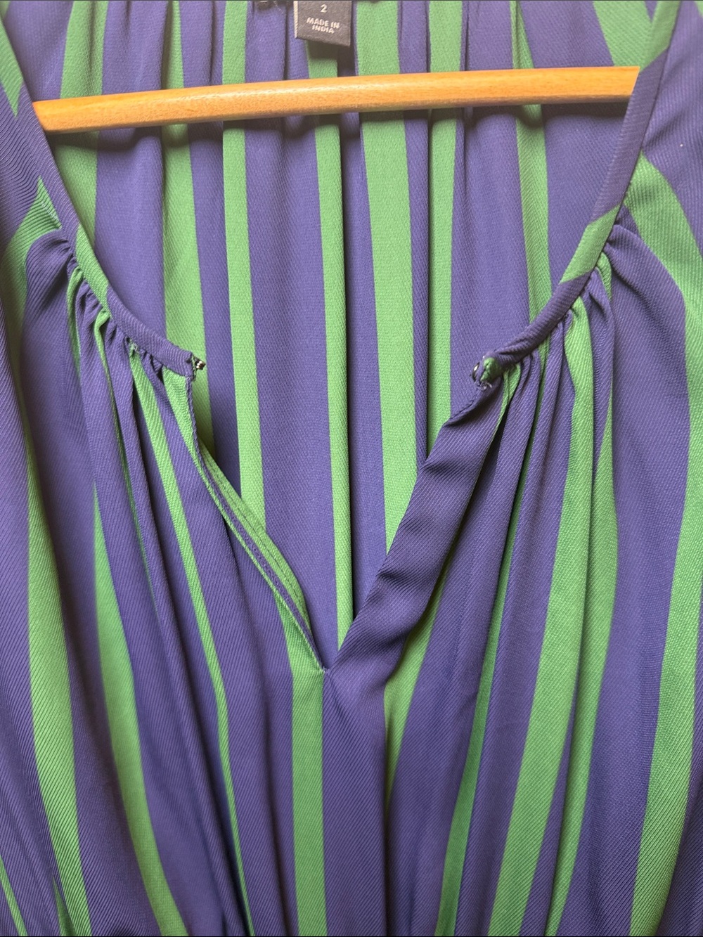 Ann Taylor Vertical Navy & Green Striped Blouson Sleeve Dress - Picture 11 of 12